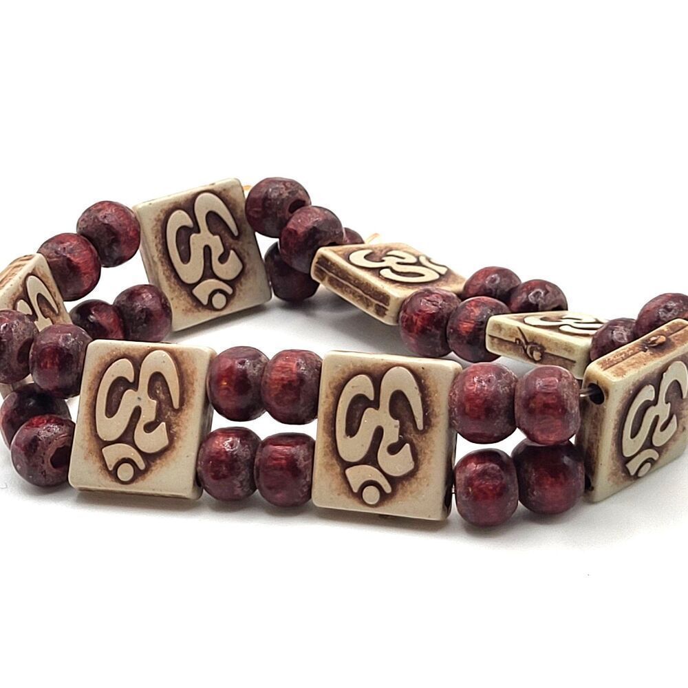 Om Maroon Stretch Bracelet Wood 7in